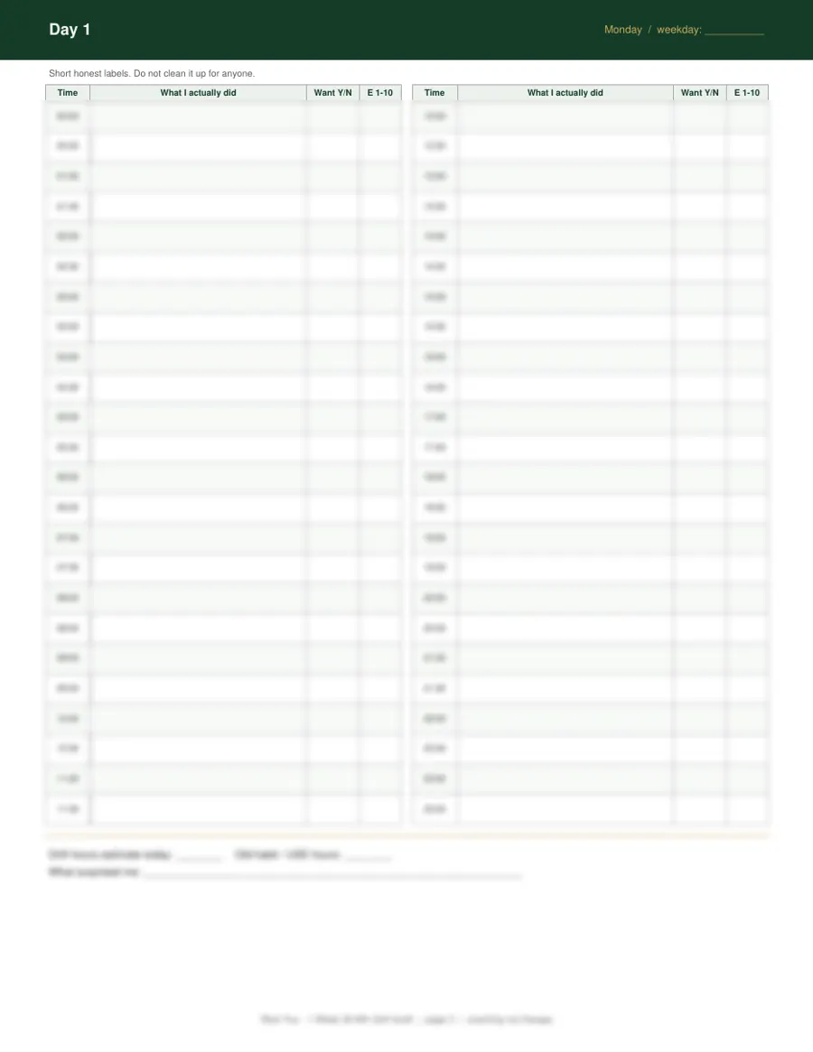 Day 1 page of the audit: a header reading Day 1, Monday, and a two-column grid of half-hour rows with columns for what I actually did, wanted yes or no, and energy 1 to 10; the rows are blurred