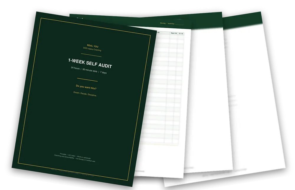 Four pages from the audit fanned out: the dark green cover reading 1-Week Self Audit, 24 hours, 30-minute slots, 7 days, with the how-to, a day sheet and the week summary blurred behind it