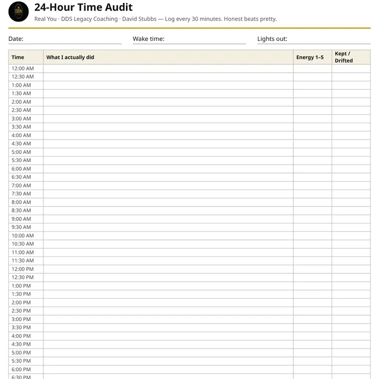 The top of the free 24-hour time audit sheet: date, wake time and lights-out lines, then rows for every half hour from 12:00 AM with columns for what you did, energy 1 to 5, and kept or drifted